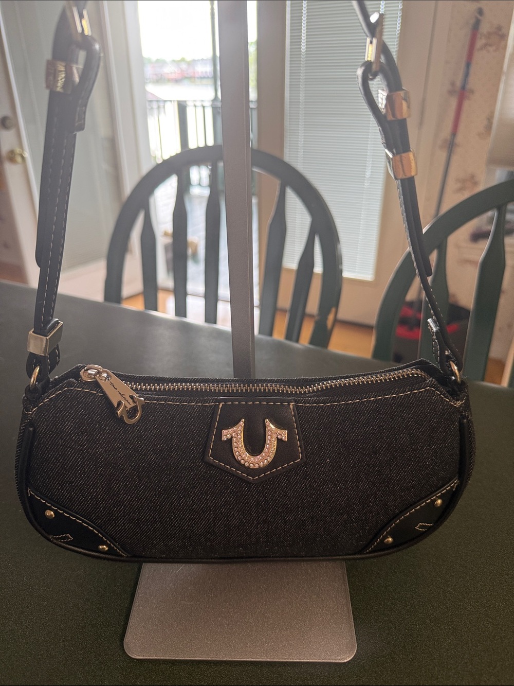 True Religion Black Denim Mini Shoulder Bag with Gold Accents NWOT